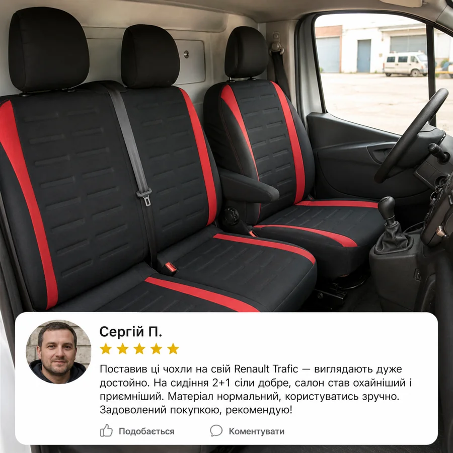 Відгук Сергія — червоні чохли 2+1 на Renault Trafic